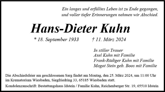 Traueranzeige von Hans-Dieter Kuhn von Allgemeine Zeitung Mainz