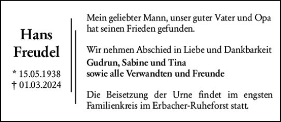 Traueranzeige von Hans Freudel von Bergsträßer Anzeiger
