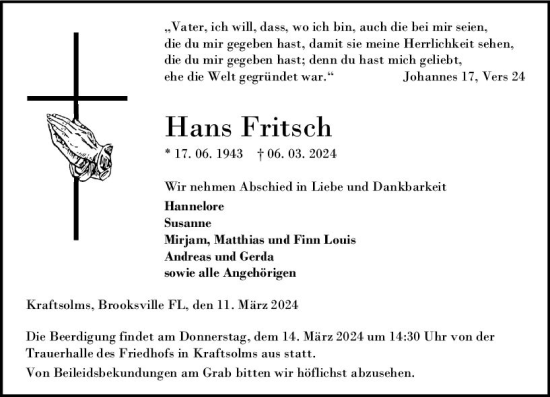 Traueranzeige von Hans Fritsch von Wetzlarer Neue Zeitung