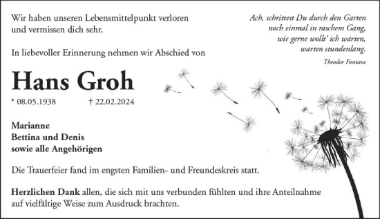 Traueranzeige von Hans Groh von Wetzlarer Neue Zeitung