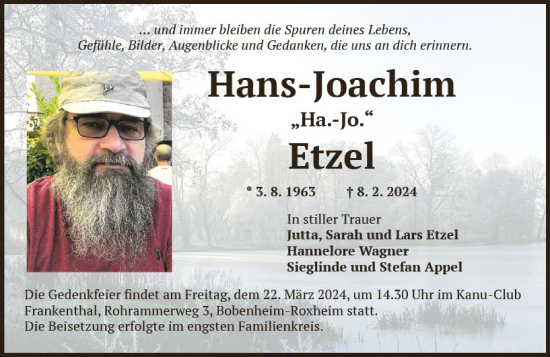 Traueranzeige von Hans-Joachim Etzel von Wormser Zeitung