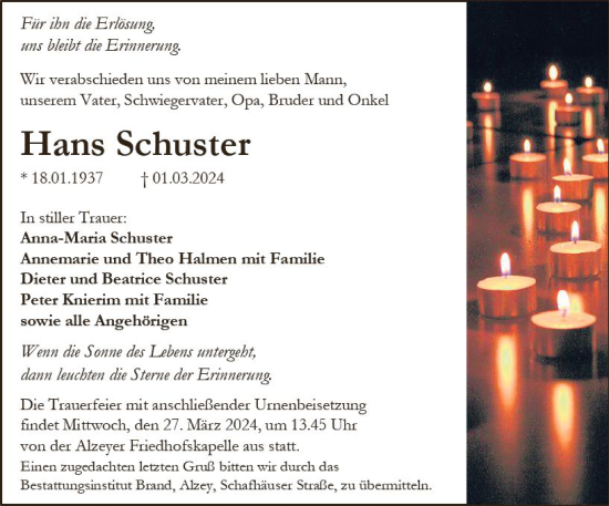 Traueranzeige von Hans Schuster von Allgemeine Zeitung Alzey
