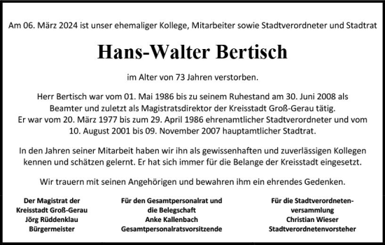 Traueranzeige von Hans-Walter Bertisch von Groß-Gerauer Echo