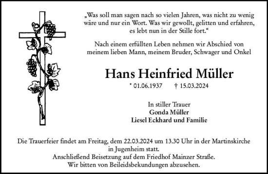 Traueranzeige von Hans Heinfried Müller von Allgemeine Zeitung Mainz