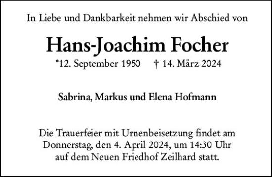 Traueranzeige von Hans Joachim Focher von Darmstädter Echo