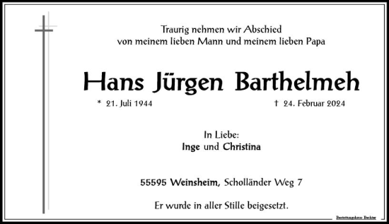 Traueranzeige von Hans Jürgen Barthelmeh von Allgemeine Zeitung Bad Kreuznach