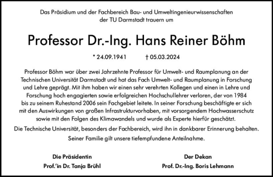 Traueranzeige von Hans Reiner Böhm von Darmstädter Echo