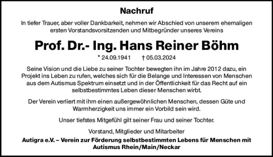 Traueranzeige von Hans Reiner Böhm von Darmstädter Echo