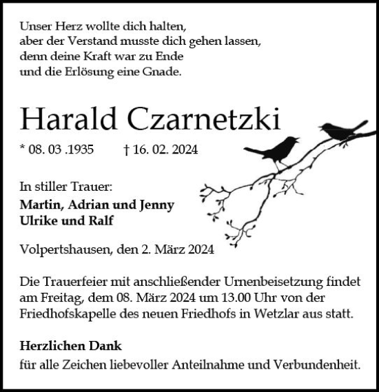 Traueranzeige von Harald Czarnetzki von Wetzlarer Neue Zeitung