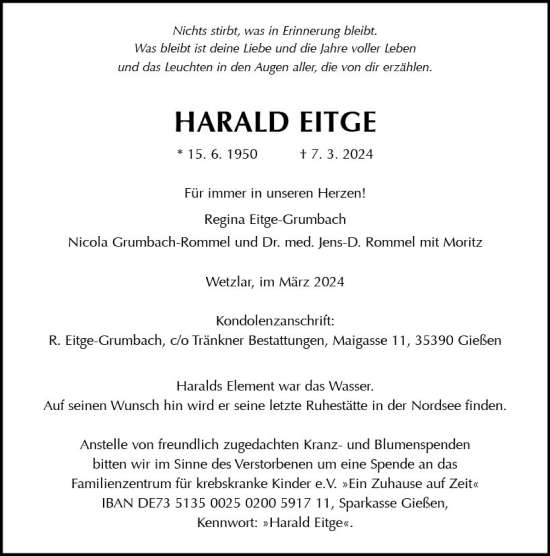 Traueranzeige von Harald Eitge von Wetzlarer Neue Zeitung