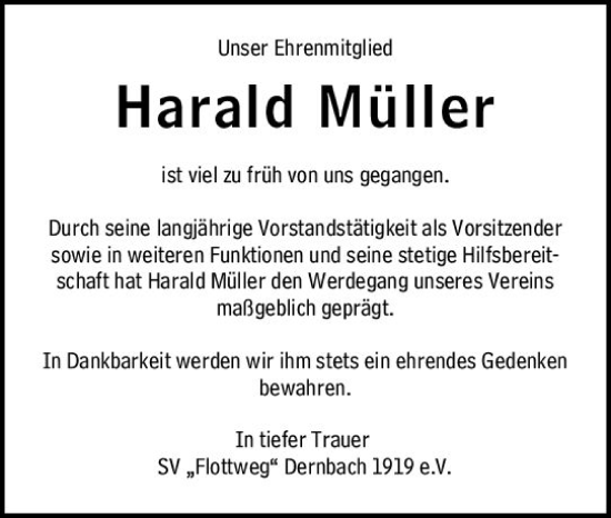 Traueranzeige von Harald Müller von Hinterländer Anzeiger