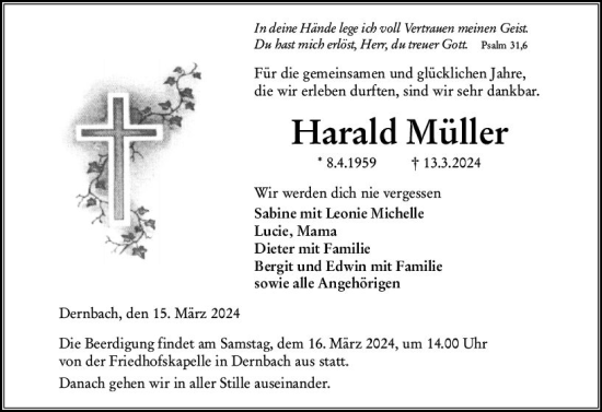 Traueranzeige von Harald Müller von Hinterländer Anzeiger