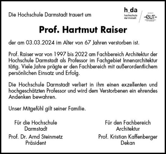 Traueranzeige von Hartmut Raiser von Darmstädter Echo
