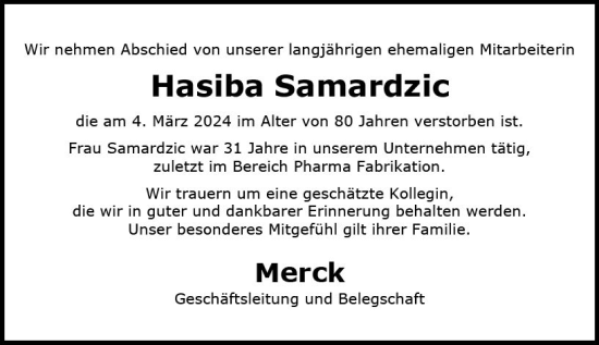 Traueranzeige von Hasiba Samardzic von Darmstädter Echo