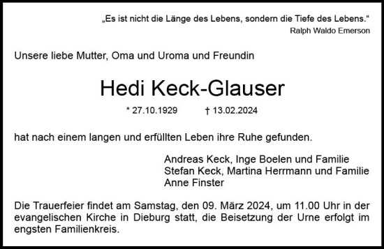 Traueranzeige von Hedi Keck-Glauser von Dieburger Anzeiger/Groß-Zimmerner Lokal-Anzeiger