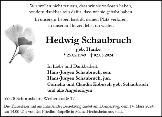 Traueranzeige von Hedwig Schaubruch von Allgemeine Zeitung Mainz