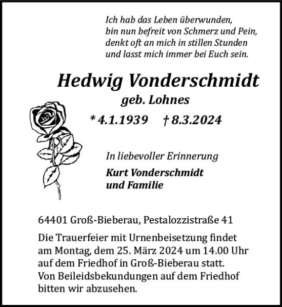 Traueranzeige von Hedwig Vonderschmidt von Darmstädter Echo