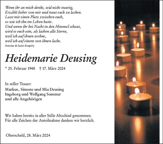 Traueranzeige von Heidemarie Deusing von Hinterländer Anzeiger