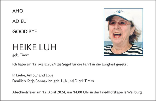 Traueranzeige von Heike Luh von Weilburger Tageblatt