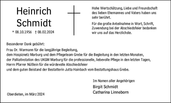 Traueranzeige von Heinrich Schmidt von Hinterländer Anzeiger