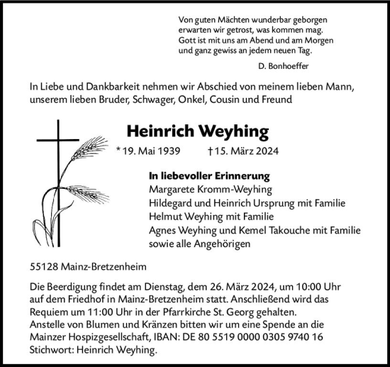 Traueranzeige von Heinrich Weyhing von Allgemeine Zeitung Mainz