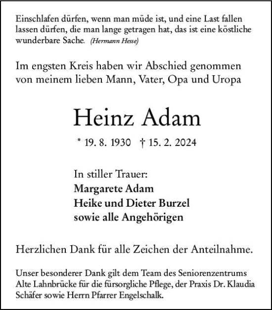 Traueranzeige von Heinz Adam von Wetzlarer Neue Zeitung