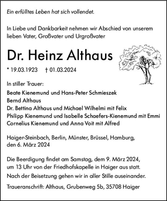 Traueranzeige von Heinz Althaus von Dill Block