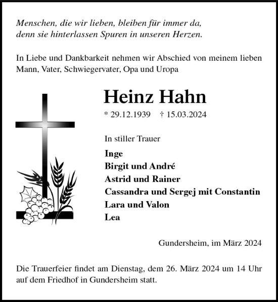 Traueranzeige von Heinz Hahn von Wormser Zeitung