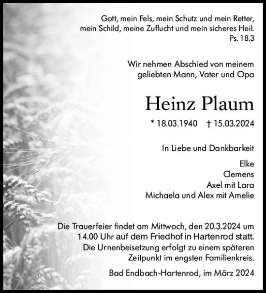 Traueranzeige von Heinz Plaum von Hinterländer Anzeiger