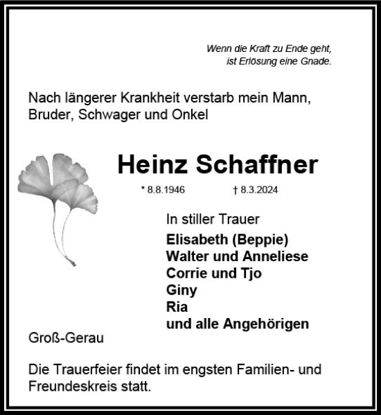 Traueranzeige von Heinz Schaffner von Groß-Gerauer Echo
