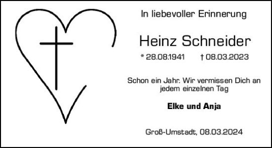 Traueranzeige von Heinz Schneider von Darmstädter Echo