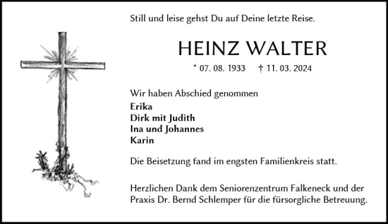 Traueranzeige von Heinz Walter von Wetzlarer Neue Zeitung