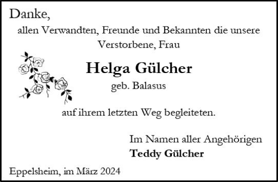 Traueranzeige von Helga Gülcher von Allgemeine Zeitung Alzey