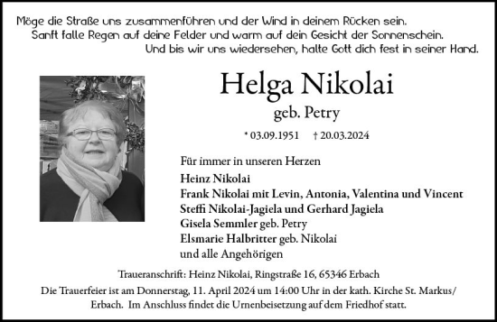 Traueranzeige von Helga Nikolai von Wiesbadener Kurier