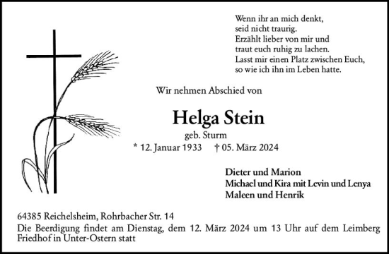 Traueranzeige von Helga Stein von Odenwälder Echo