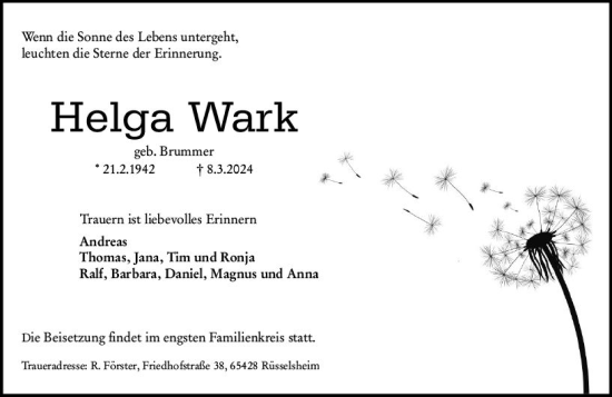 Traueranzeige von Helga Wark von Rüsselsheimer Echo