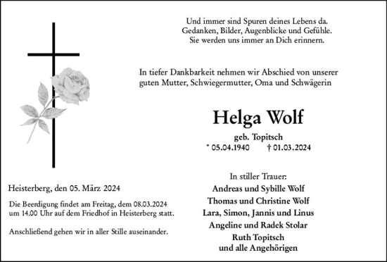 Traueranzeige von Helga Wolf von Dill Block