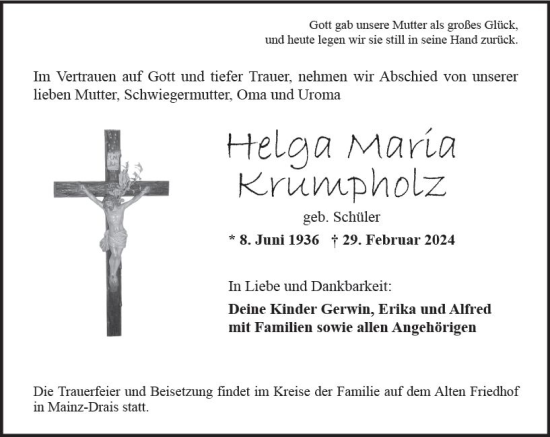 Traueranzeige von Helga Maria Krumpholz von Allgemeine Zeitung Mainz