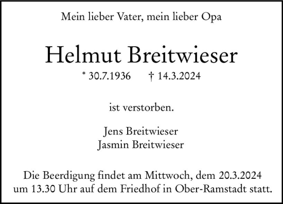 Traueranzeige von Helmut Breitwieser von Darmstädter Echo