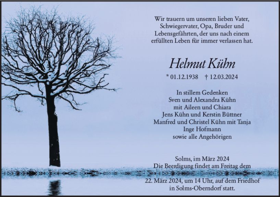 Traueranzeige von Helmut Kühn von Wetzlarer Neue Zeitung
