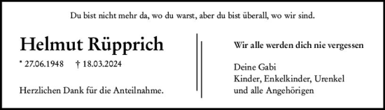 Traueranzeige von Helmut Rüpprich von Wetzlarer Neue Zeitung