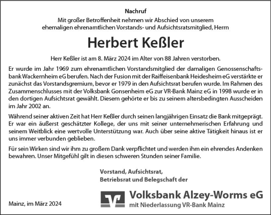 Traueranzeige von Herbert Keßler von Allgemeine Zeitung Bingen/Ingelheim