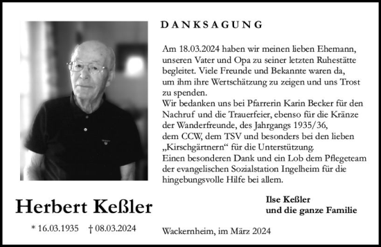 Traueranzeige von Herbert Keßler von Allgemeine Zeitung Bingen/Ingelheim
