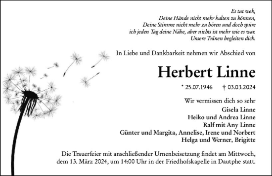 Traueranzeige von Herbert Linne von Hinterländer Anzeiger