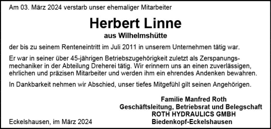 Traueranzeige von Herbert Linne von Hinterländer Anzeiger
