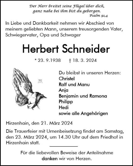 Traueranzeige von Herbert Schneider von Hinterländer Anzeiger