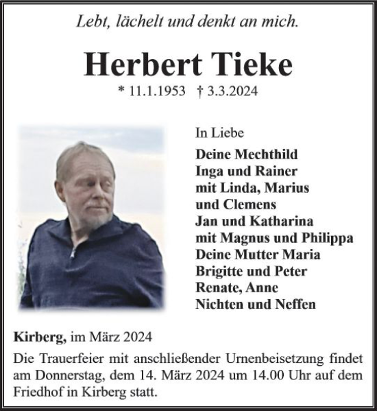 Traueranzeige von Herbert Tieke von Camberger Anzeiger
