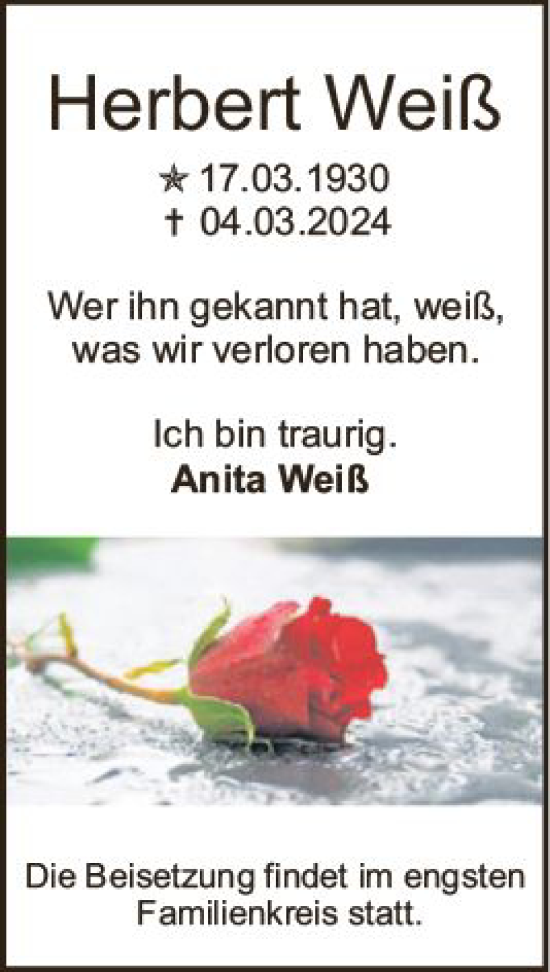Traueranzeige von Herbert Weiß von Allgemeine Zeitung Mainz