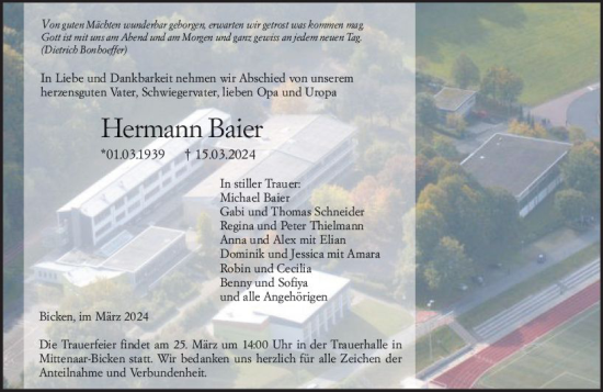 Traueranzeige von Hermann Baier von Dill Block