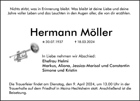 Traueranzeige von Hermann Möller von Allgemeine Zeitung Mainz